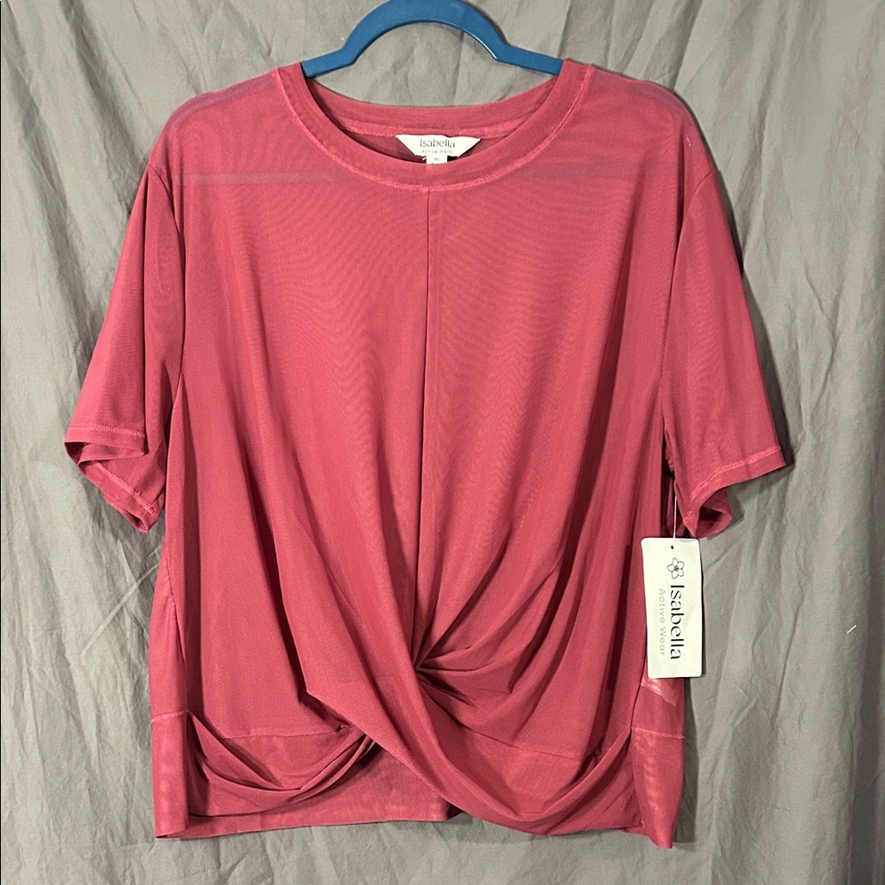 Isabella Active Wear Sheer Mesh Plum Color Short Sleeve Twist Top